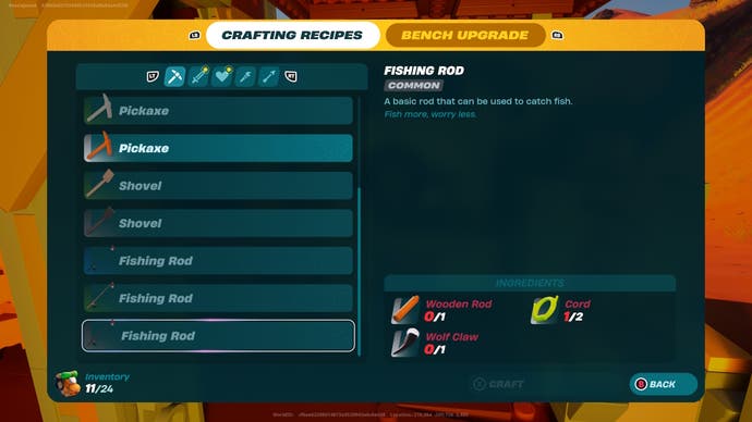 The Crafting Bench menu highlighting the Common Fishing Rod in the Lego Fortnite mode.