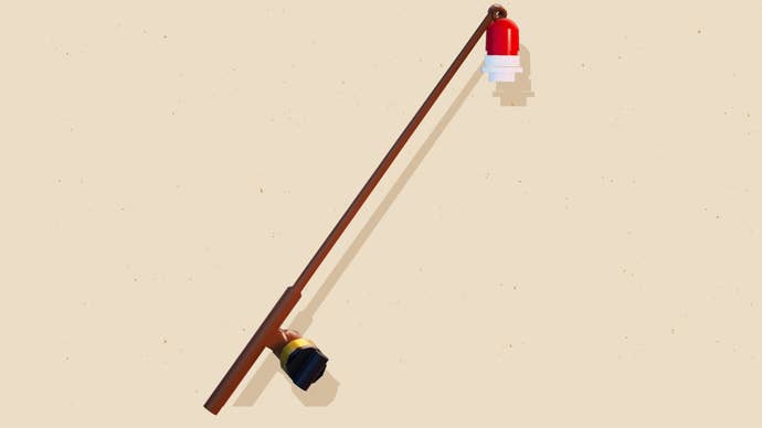 A Lego fishing rod on a cream background for the Lego Fortnite mode.