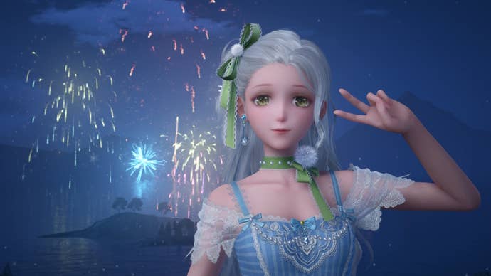 Nikki posing with the peace sign in front of fireworks exploding at night in Infinity Nikki.