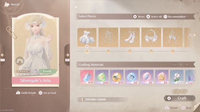 The crafting menu for Silvergale's Aria Miracle outfit in Infinity Nikki.