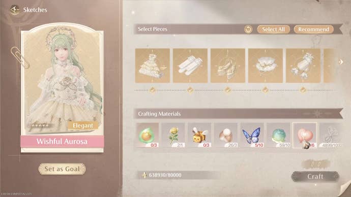 Crafting menu for the Wishful Aurosa in Infinity Nikki.
