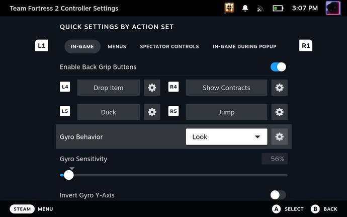 Step 3 of how to customise or disable gyro controls on the Steam Deck: In the Gyro Behavior section, use the drop-down menu to select what gyro input does. “None” will disable gyro input.