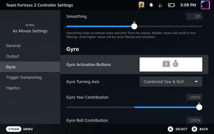 Step 4 of how to customise or disable gyro controls on the Steam Deck: Select the cog icon next to the Gyro Behavior setting for more advanced settings.