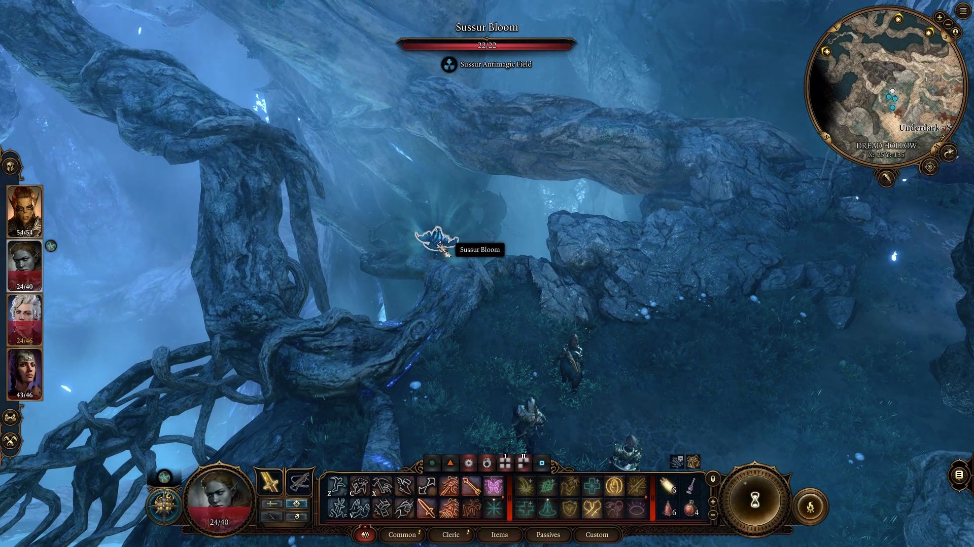 Cursor on a sussur bloom growing from a white tree in a glowing blue cavern area.