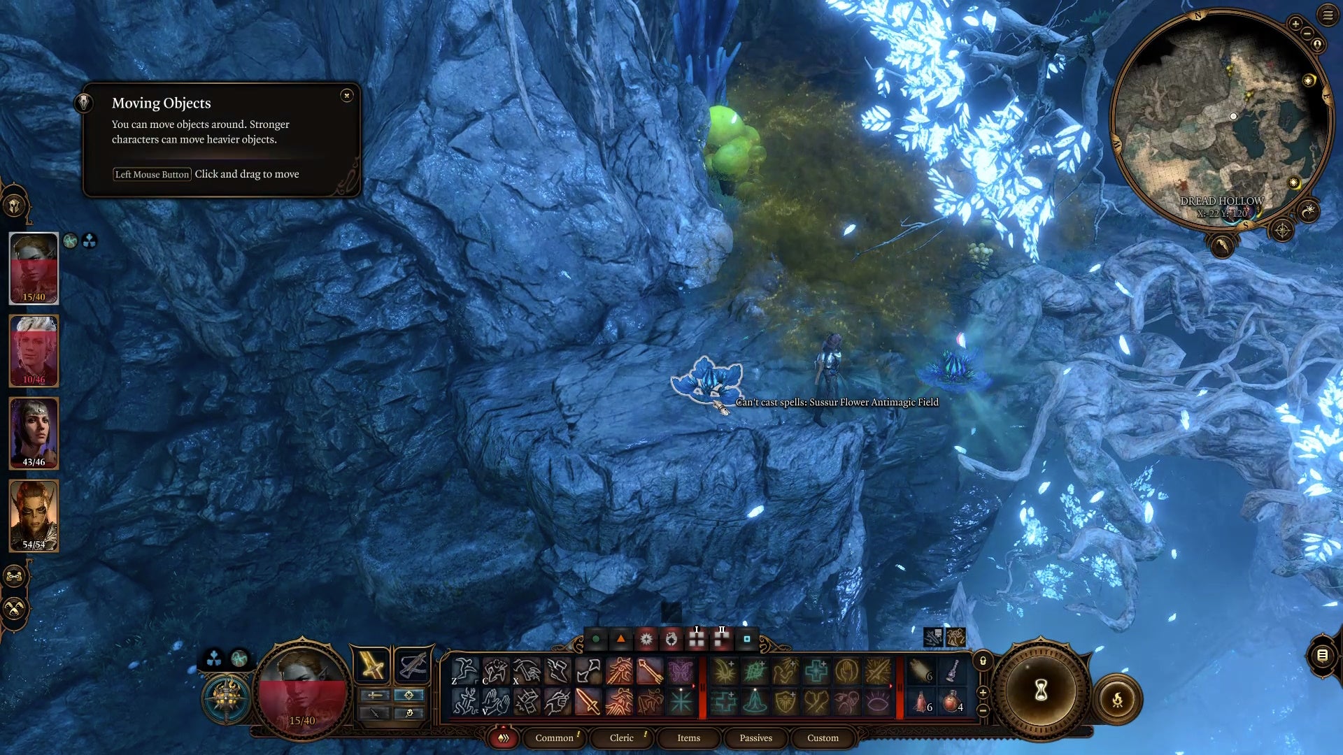 Cursor on a sussur bloom flower in a glowing blue cliff with green gas near the bloom.