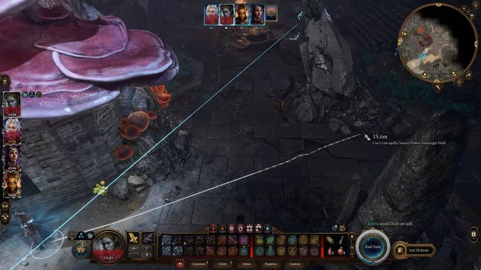 White movement line showing the potential route of a character hiding behind a large rock on the right with a slightly pink large mushroom protruding on the left.