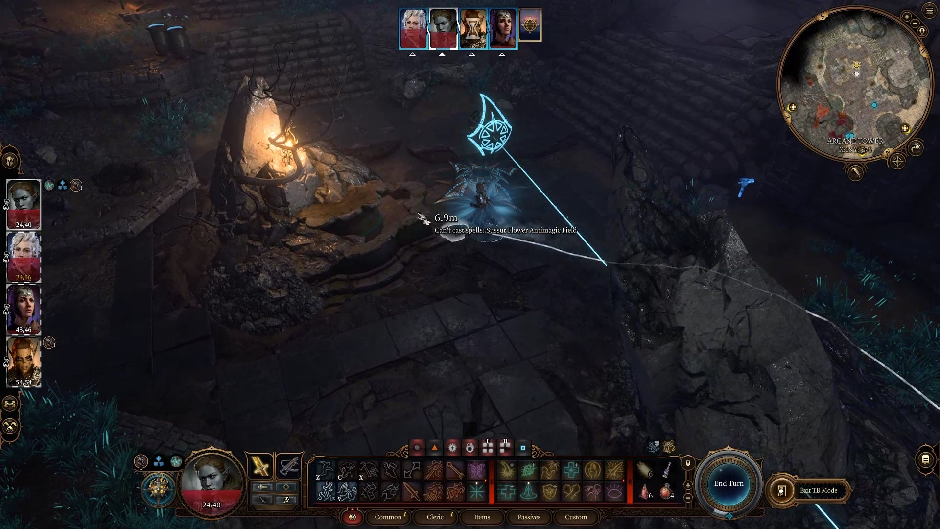 White movement line showing the route of a character moving beside a turret with a slight blue glow in a dark stone filled area.