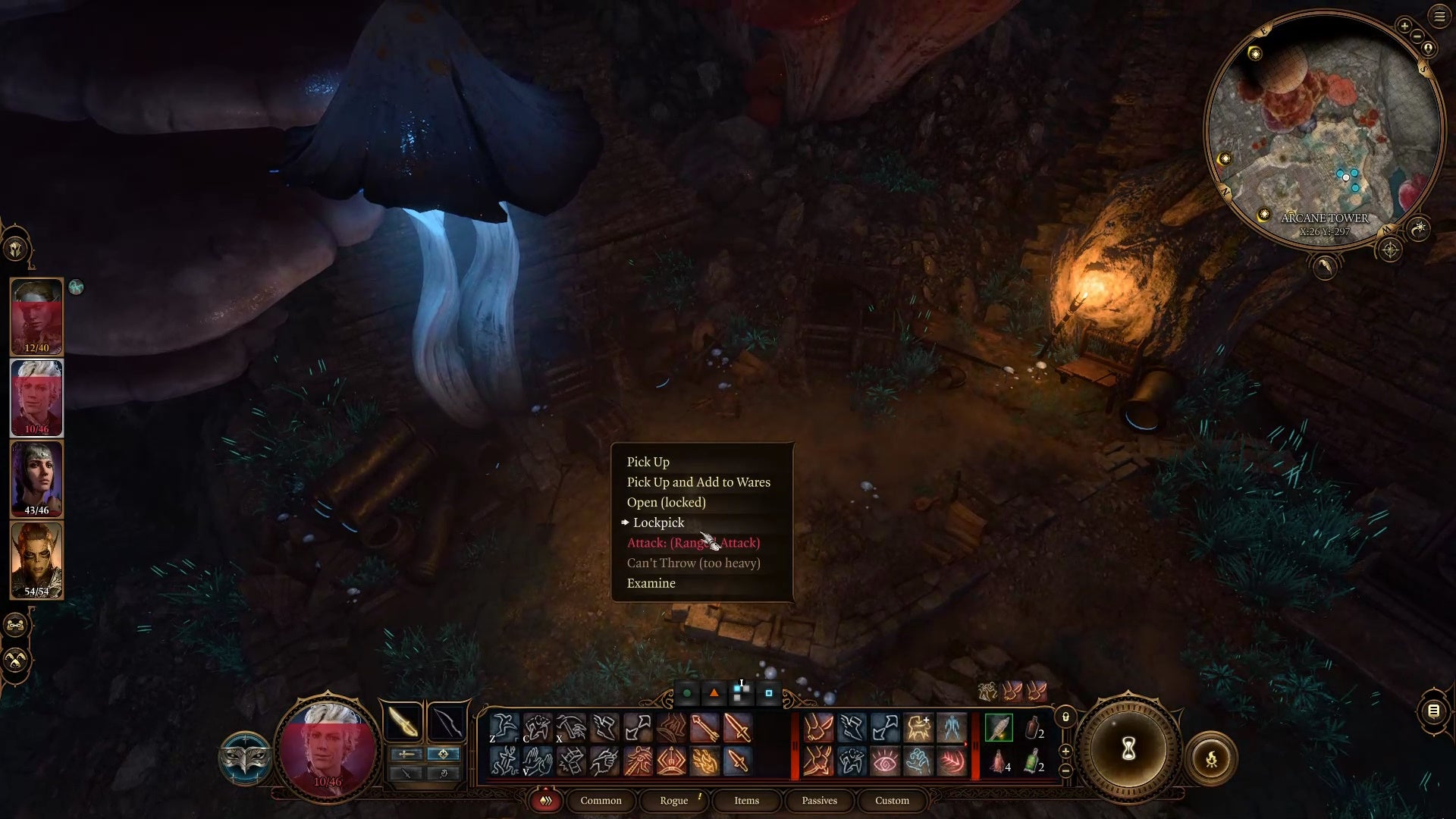 Cursor on the lockpick option of a wooden chest in a dark muddy area with some torch light and slight blue glow from a giant mushroom.