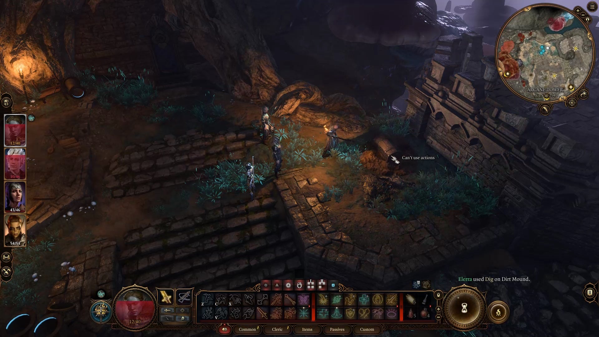 Cursor on a dirt mounfd in a muddy area lit by torches.