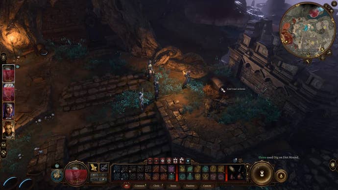 Cursor on a dirt mounfd in a muddy area lit by torches.