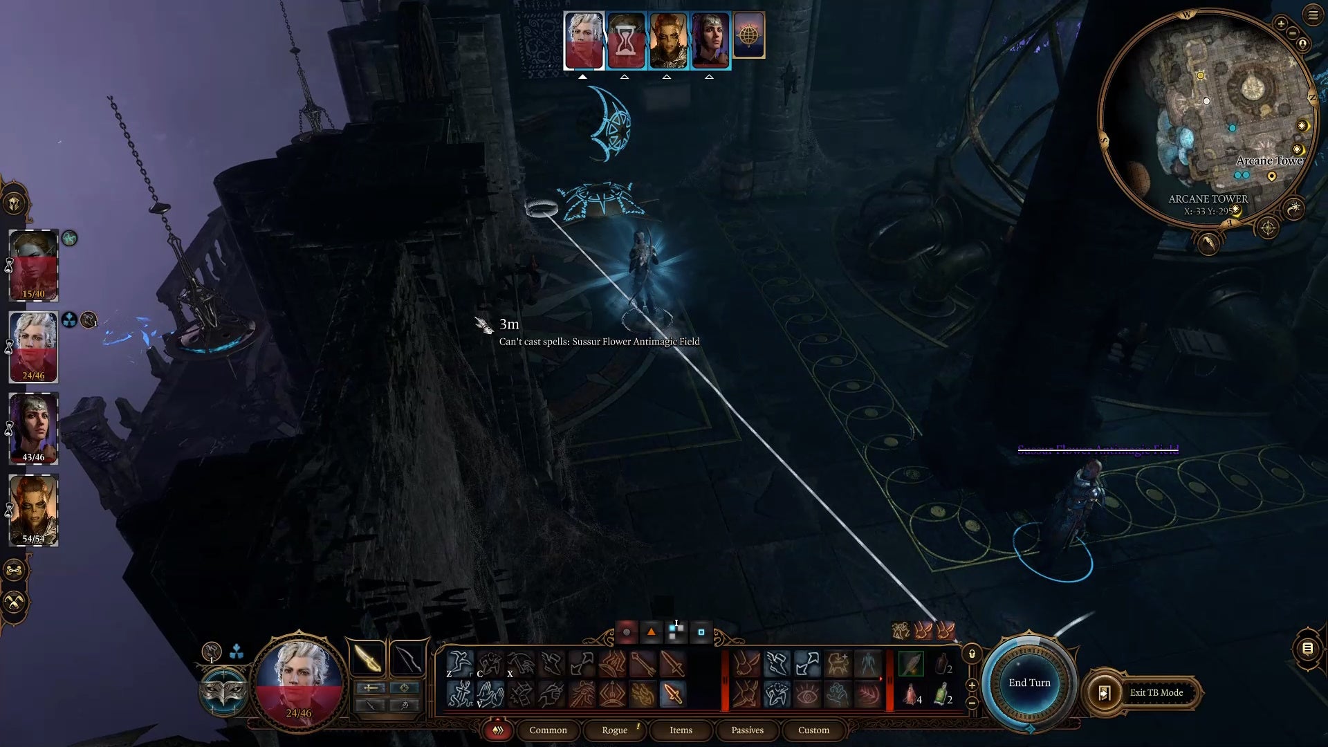 White movement line showing the potential path of somebody moving beside a slightly blue glowing turret in a dark room.