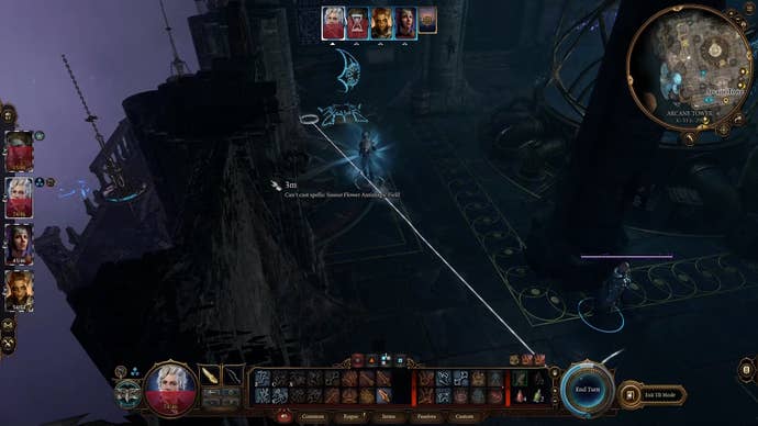 White movement line showing the potential path of somebody moving beside a slightly blue glowing turret in a dark room.