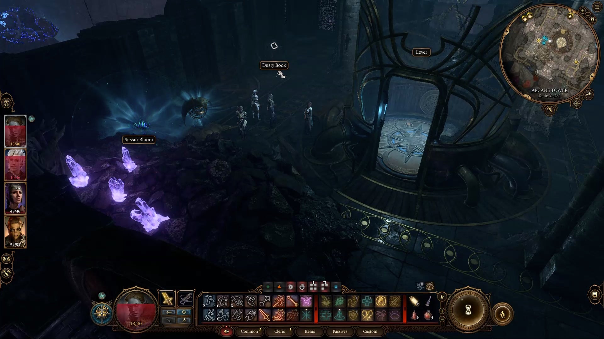 Cursor on a dusty book in the corner of a dark room with glowing crystals to the right and a slightly blue glowing turret near them.