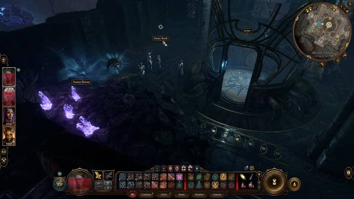 Cursor on a dusty book in the corner of a dark room with glowing crystals to the right and a slightly blue glowing turret near them.