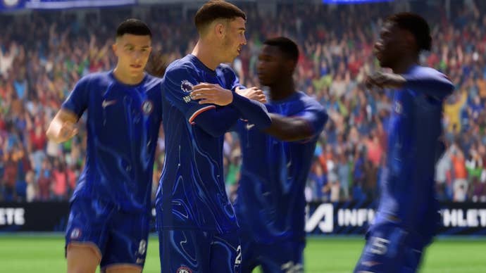 Cole Palmer doing his Cold celebration while surrounded by Chelsea teammates in EA Sports FC 25.