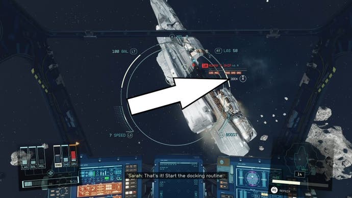 arrow pointing to the docking prompt on a ship
