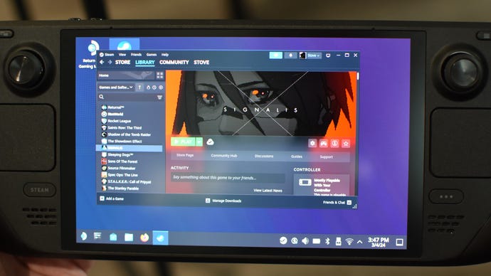 A Steam Deck OLED running Steam in Desktop Mode.