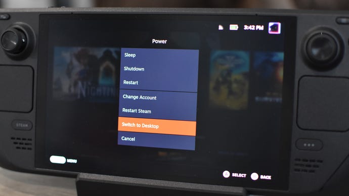 How to enable Desktop Mode on the Steam Deck: hold down the power button and select 'Switch to Desktop'