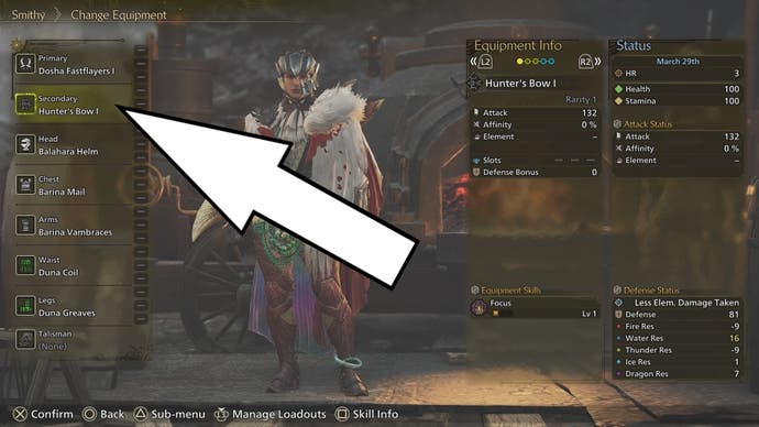 Arrow pointing to the Secondary weapon equip menu in Monster Hunter Wilds.