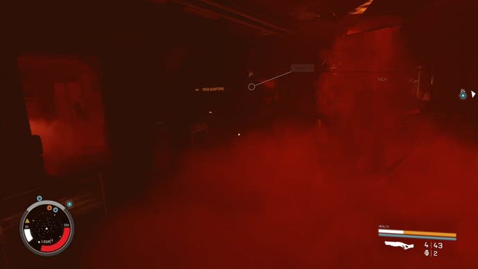 first person view of the entrance to crews quarters on a narrow ship corrider covered in smoke with a dark red hue