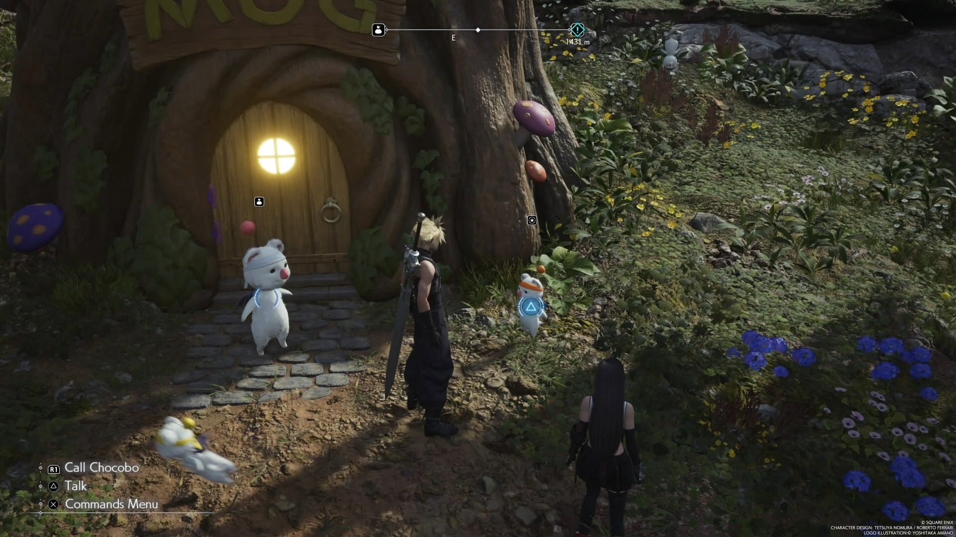 Cloud looking at a Mooglet at a Mogstool in Final Fantasy 7 Rebirth.