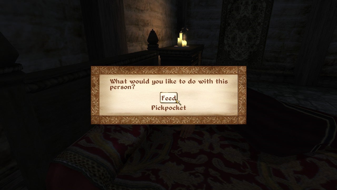 Choosing to feed on somebody as a vampire in Oblivion.