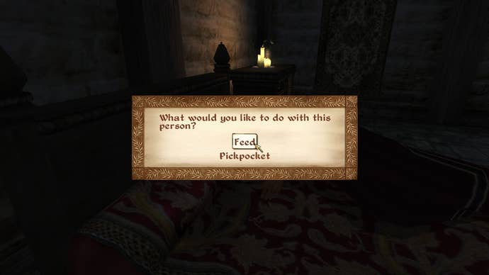 Choosing to feed on somebody as a vampire in Oblivion.
