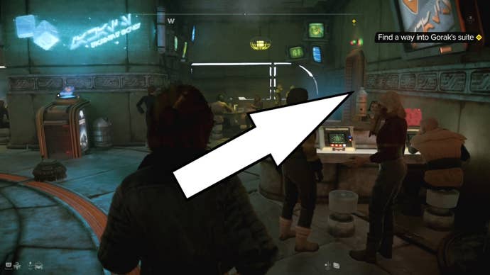 A white arrow pointing to a side door in a cantina in Star Wars Outlaws.