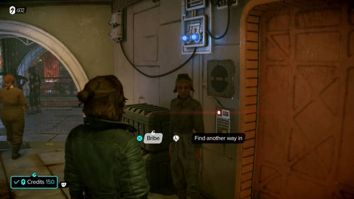 Kay on the bribe option with the Technician NPC in Star Wars Outlaws.