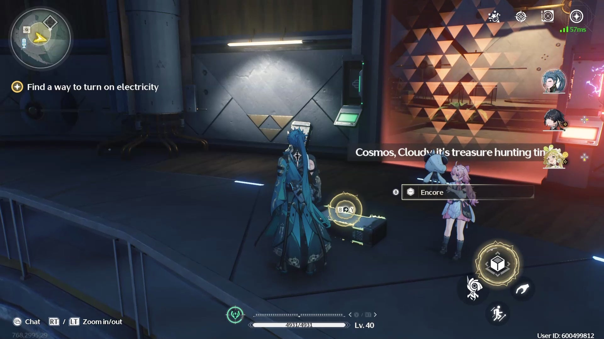 Jiyan from Wuthering Waves looking at a power cell on the ground by a red barrier and Encore.