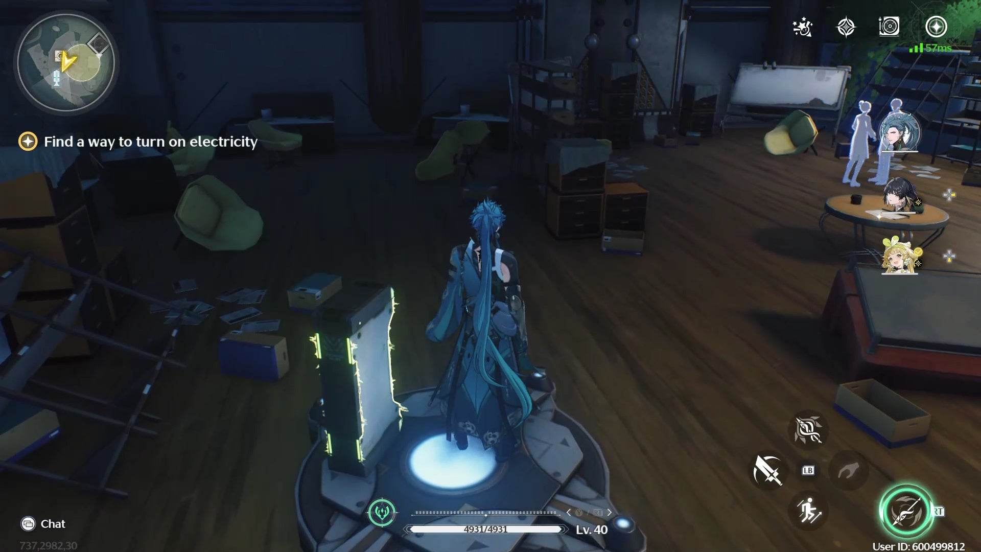 Jiyan from Wuthering Waves standing on a large switch with a power cell beside him on the switch as well.