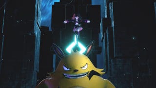 Zoe standing on Grizzbolt in the Rayne Syndicate Tower in Palworld.