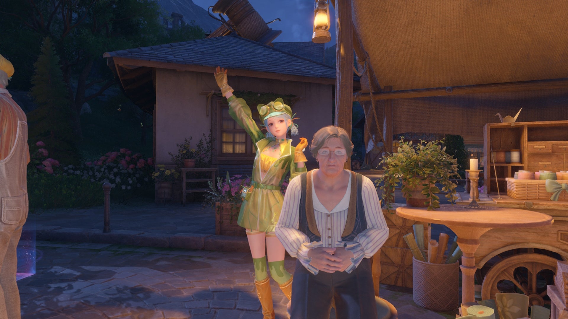 Nikki waving behind Fresnay in Infinity Nikki.