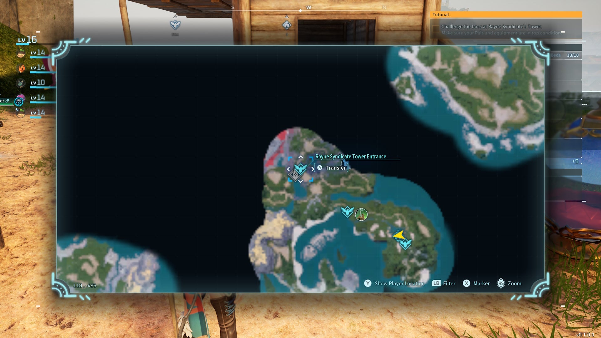 Map view of the Rayne Syndicate Tower Entrance fast travel point in Palworld.