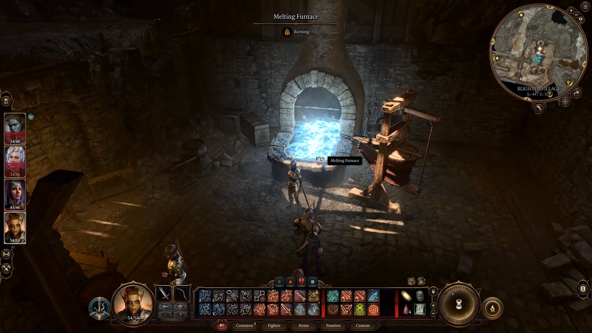 A forge turned blue in a dark room.