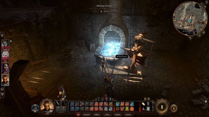 A forge turned blue in a dark room.