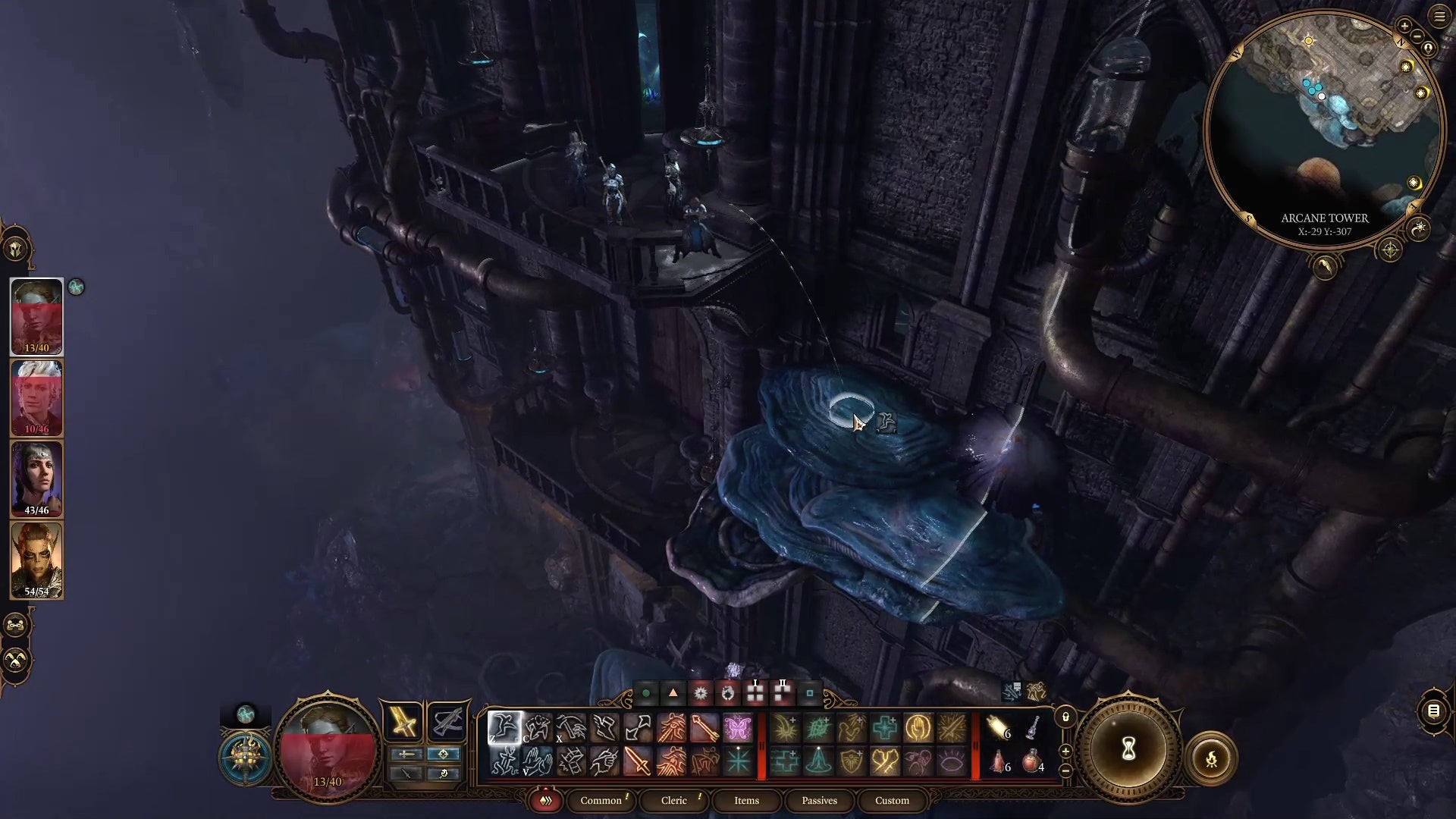 White line showing potential jump to a giant blue mushroom from a balcony.