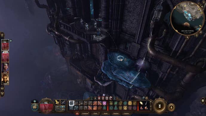 White line showing potential jump to a giant blue mushroom from a balcony.