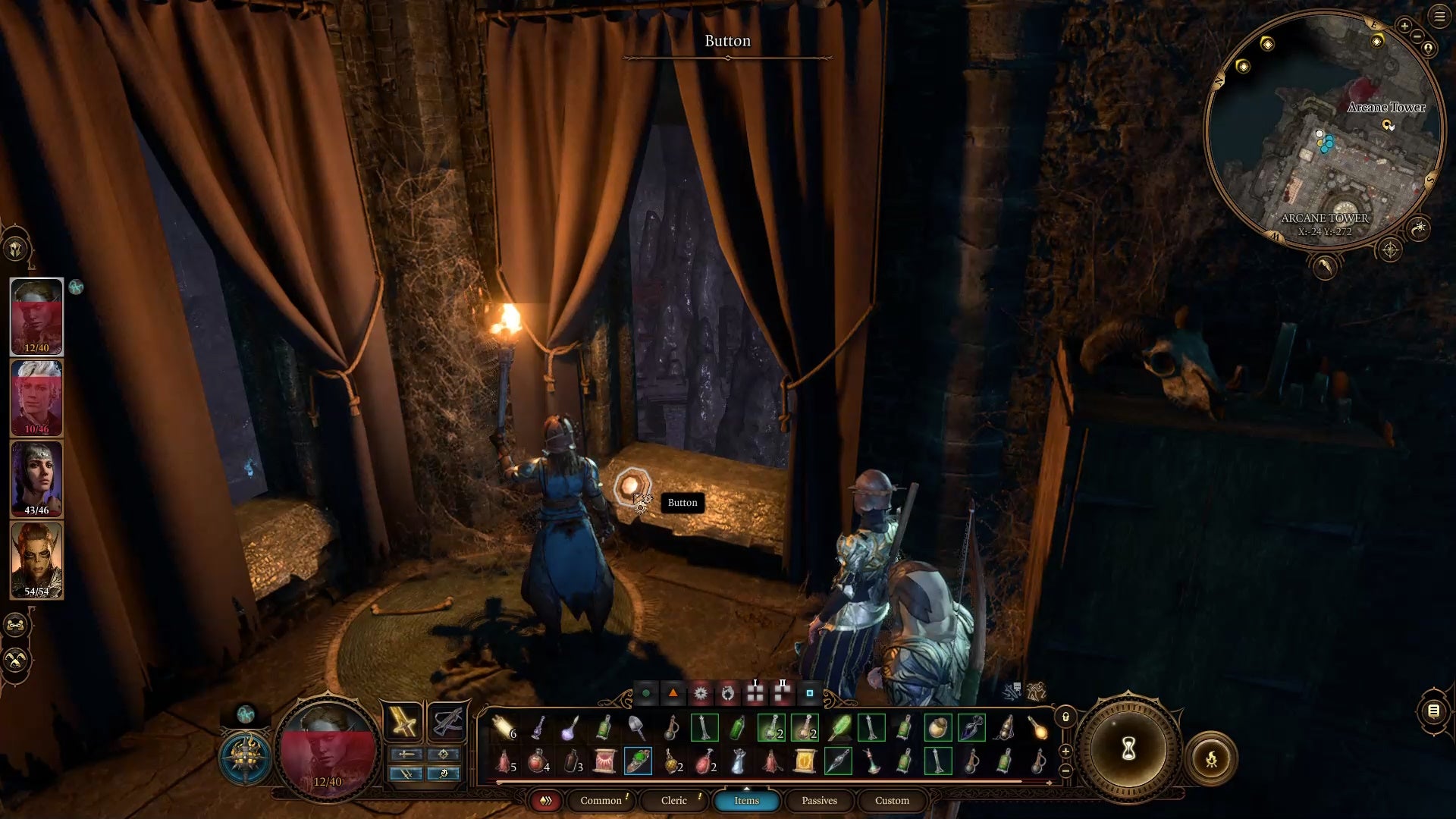 Cursor on a white button near an open window in a dark room lit with a torch.