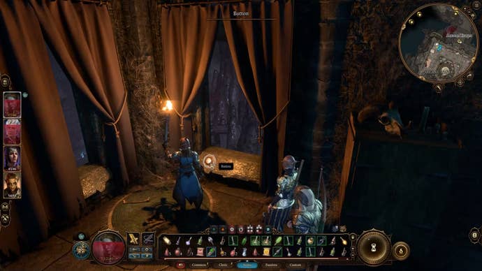 Cursor on a white button near an open window in a dark room lit with a torch.