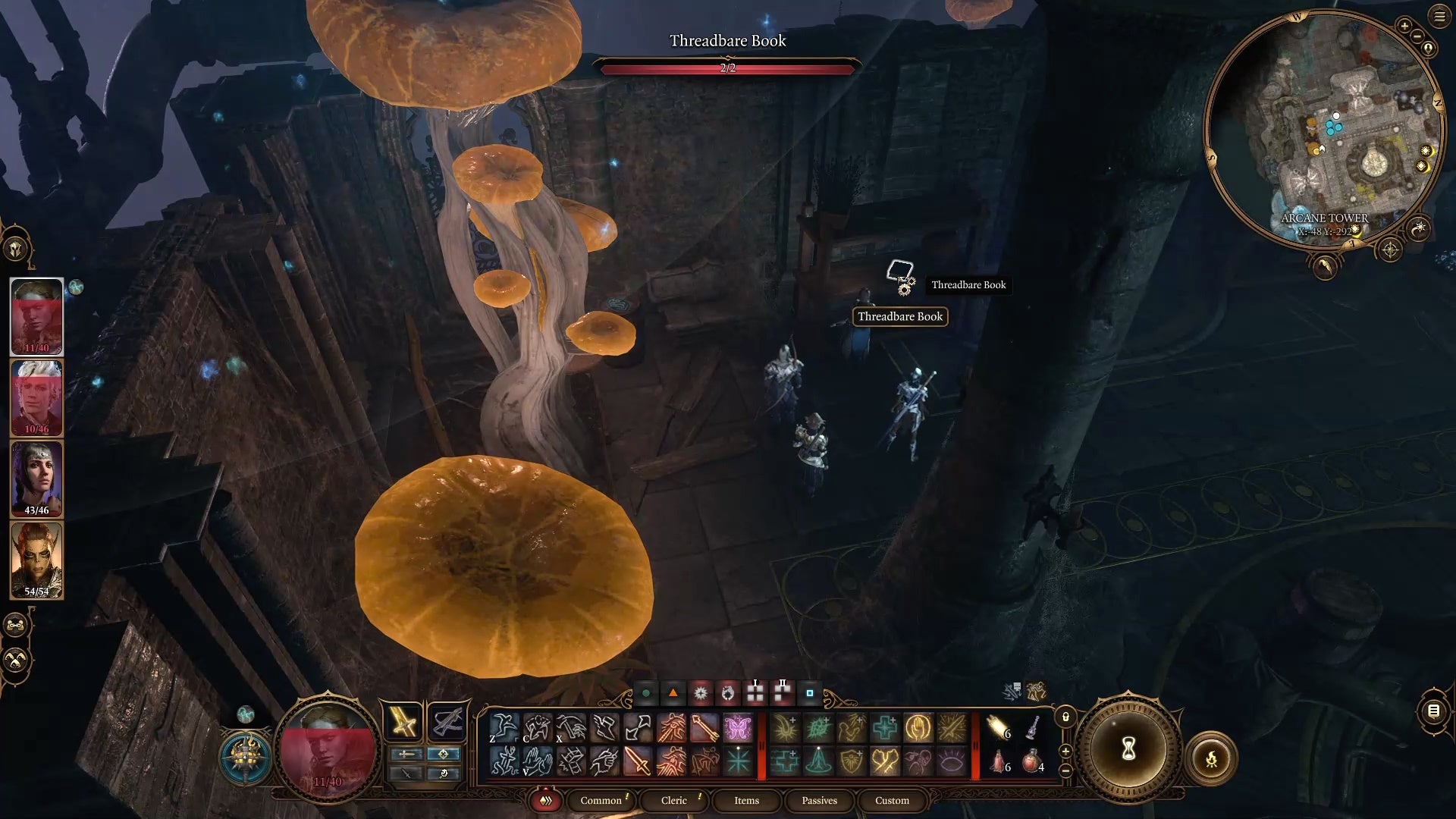 Cursor on the threadbare book a a shelf in a dark room with gaint yellow mushrooms.