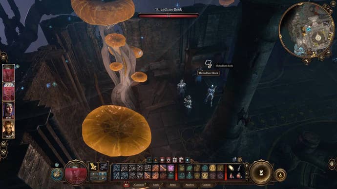 Cursor on the threadbare book a a shelf in a dark room with gaint yellow mushrooms.