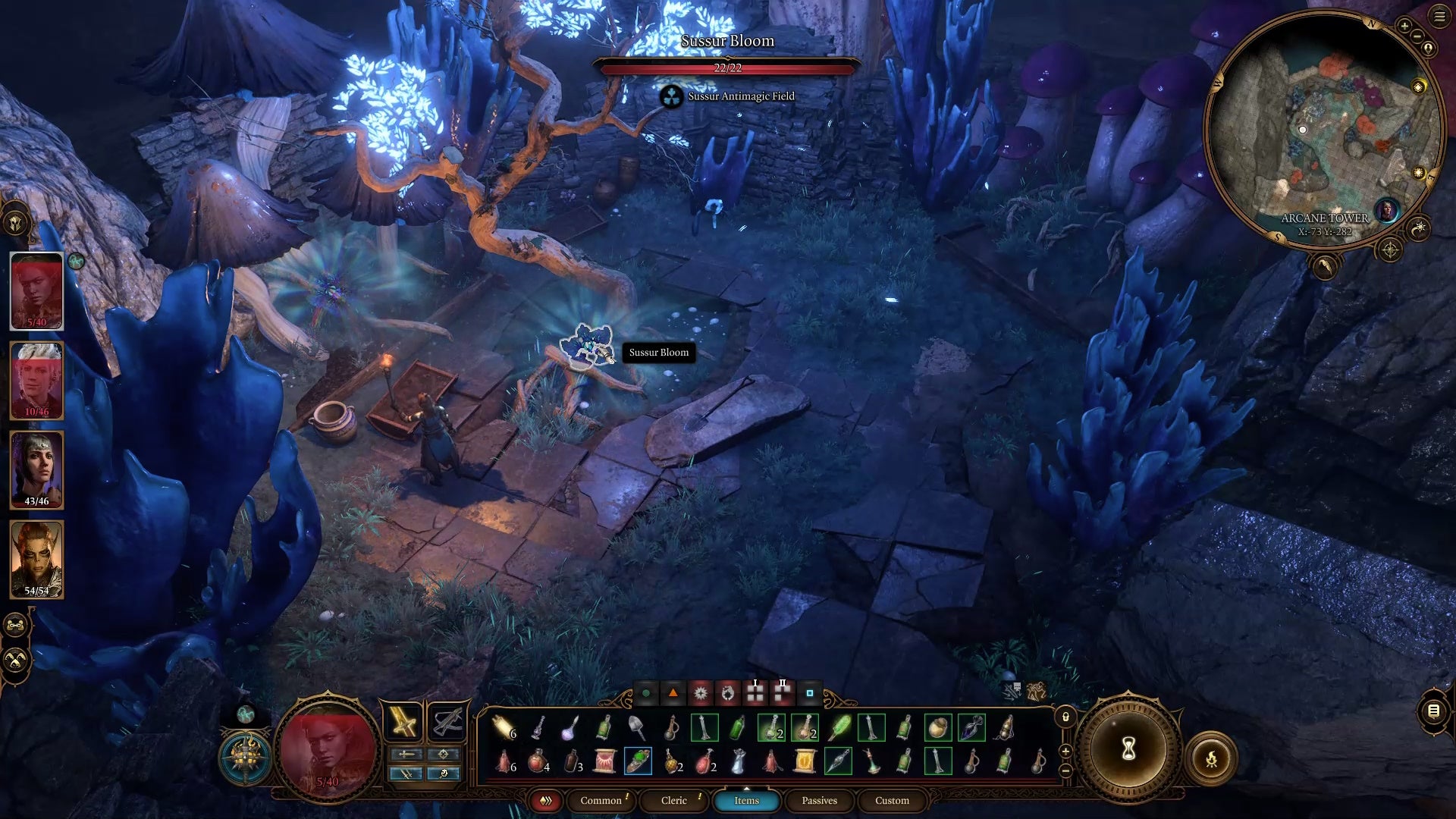 Cursor on a sussur bloom attached to a small tree in a small purple and blue glowing garden.