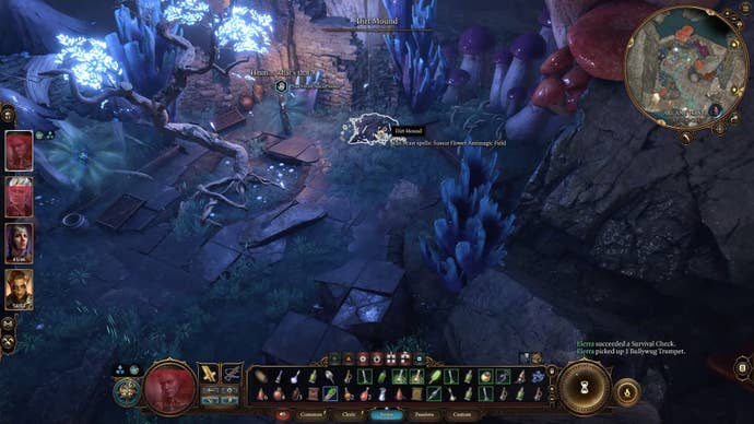 Cursor on a dirt mount in a small purple and blue glowing garden.