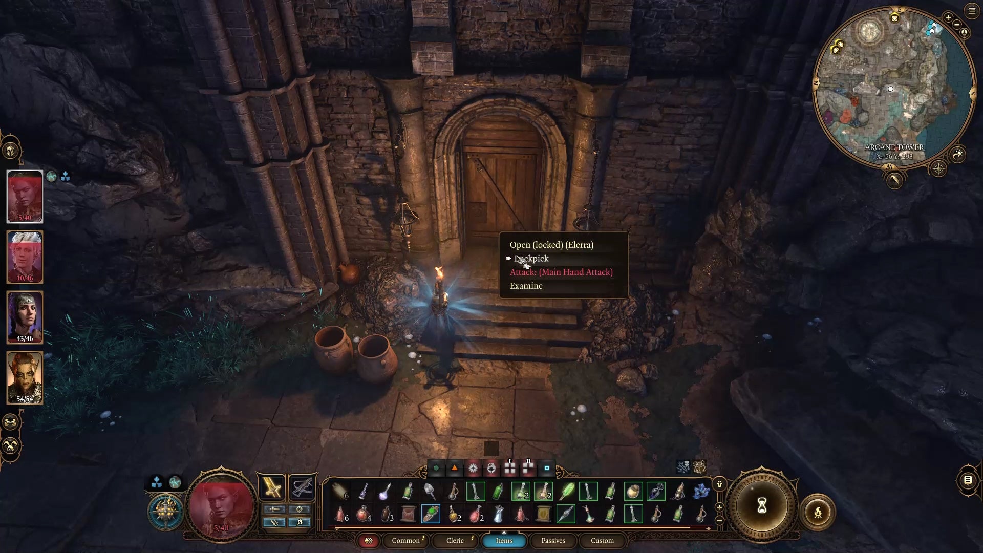 Cursor on lockpick option to open a door in a dark outside area lit by a torch.