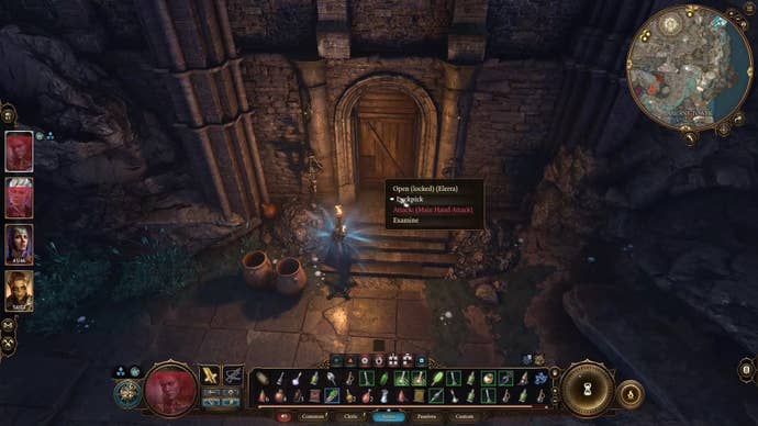 Cursor on lockpick option to open a door in a dark outside area lit by a torch.