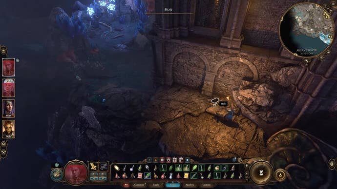 Cursor on a hole in a dark area lit by a torch.