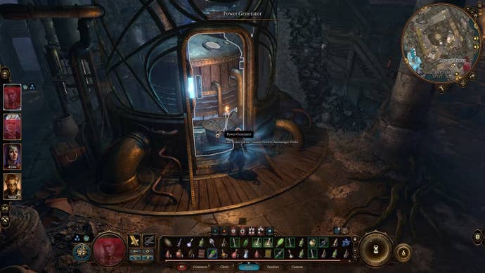 Cursor on a power generator in a dark dilapidated room with a slight blue glow from generator.