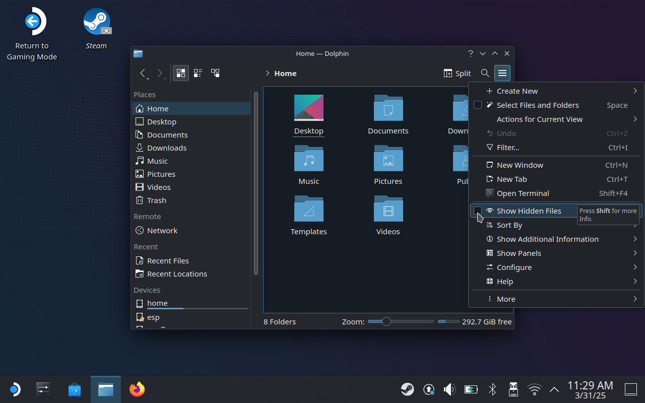 Step 2 of how to fix InZoi&rsquo;s main menu on the Steam Deck: in Dolphin, set hidden files to visible and navigate to the Windows file in InZoi&rsquo;s config folder.