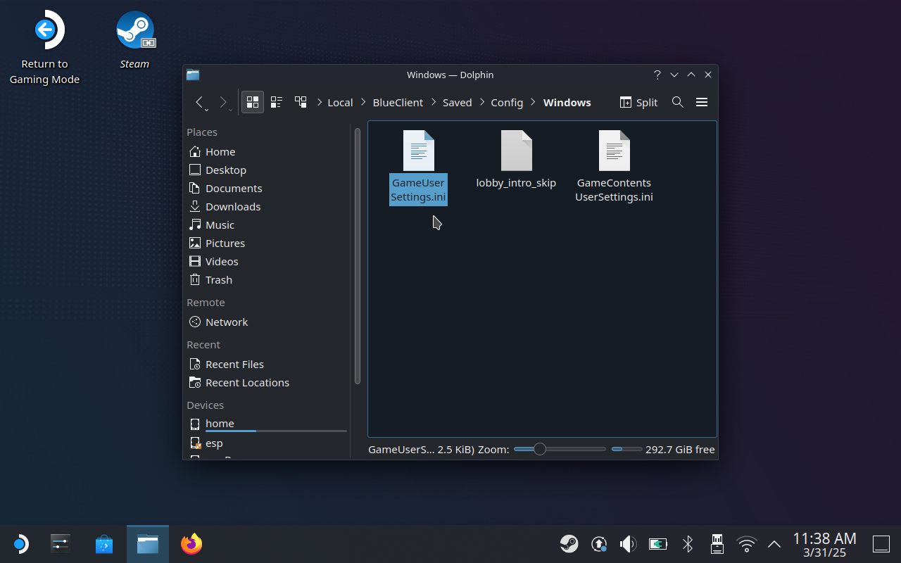 Step 3 of how to fix InZoi&rsquo;s main menu on the Steam Deck: Open the GameUserSettings.ini file.